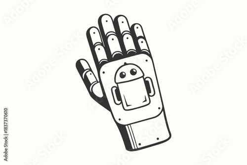 Bionic Robot Hand with Android Icon, Isolated Technology Hardware Black and White Outline