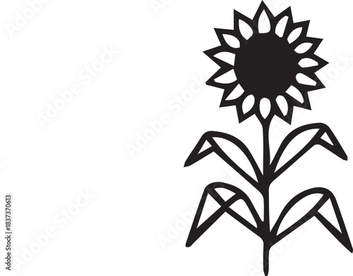 Simple black and white illustration of a tall sunflower with broad leaves against a white background.