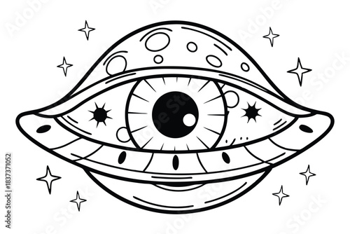 Detailed Black & White Drawing of Insect Beetle with Wings, Antennae, & Circular Eyes