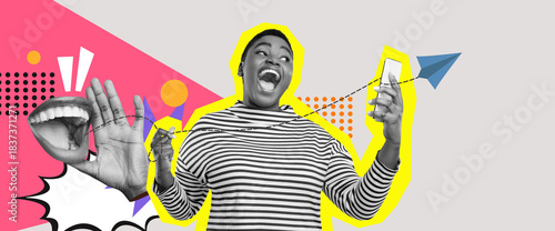 A vibrant collage shows a person expressing joy while holding a phone and surrounded by colorful graphic elements. The design features bold shapes and lively colors that enhance the energy.