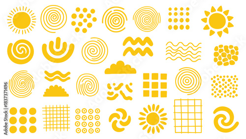 Collection of yellow abstract shapes and patterns inspired by nature and fingerprints
