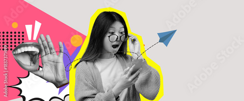 A young woman with glasses looks surprised while holding her phone. The collage features bold colors and graphic elements highlighting themes of communication and emotion in an engaging way.