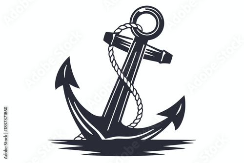 Bold Silhouette of an Anchor with Chain, Nautical Symbol, Isolated on White, Minimalist