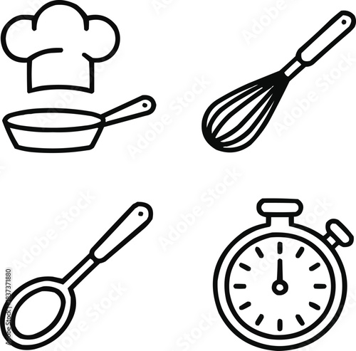 Satirical Cooking Show Outline Icon Set Chef Hat, Frying Pan, Whisk, and Oversized Spoon