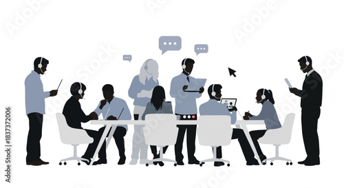 A group of professionals engaged in a collaborative meeting using technology