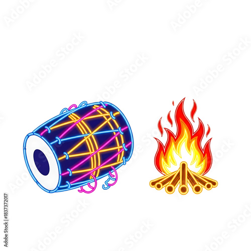 a vibrant illustration depicts a glowing neon dhol drum alongside a stylized bonfire creating a festive atmosphere on transparent background high quality professional detailed modern elegant