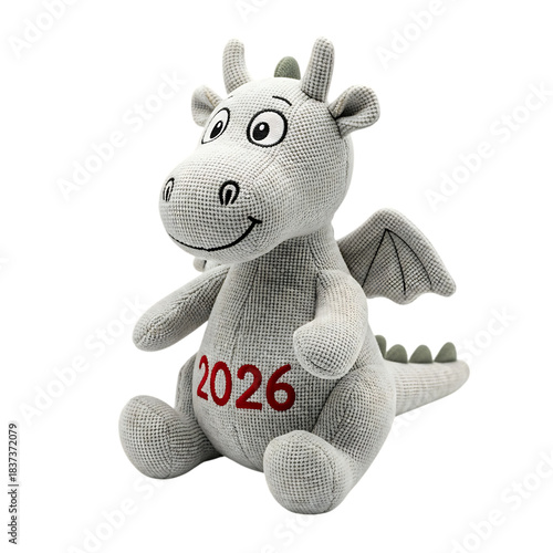 a charming knitted plush toy of a white and gray dragon with red details sitting upright and displaying 2026 on its belly on transparent background