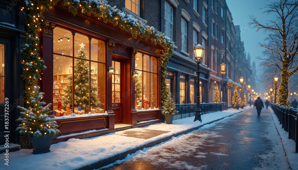 Obraz premium Christmas decorated shop window with glowing lights on snowy city street at evening. Store facade Xmas tree, gifts, festive garlands. People walk on winter sidewalk in classic European town for