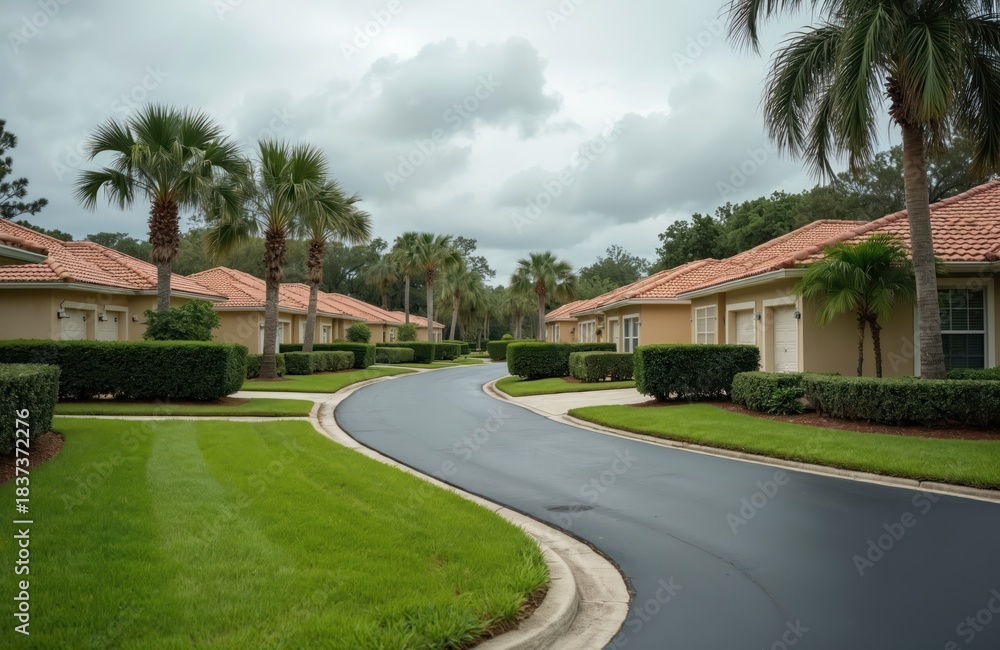Fototapeta premium Winding road through suburban Florida neighborhood with manicured lawns and palm trees. Beige houses feature terracotta roofs and well trimmed hedges, hinting at peaceful residential living.