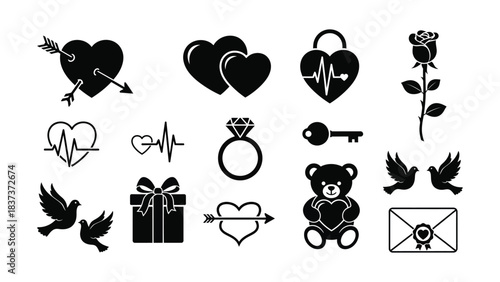 collection of black and white icons representing love and relationships, symbolized Valentine's day celebration