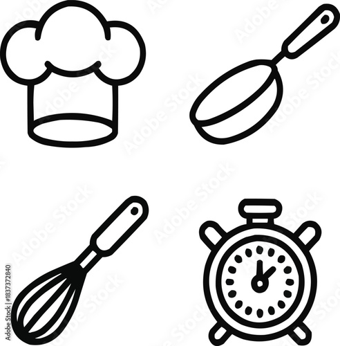 Satirical Cooking Show Outline Icon Set Chef Hat, Frying Pan, Whisk, and Oversized Spoon