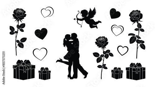 collection of black and white icons representing love and relationships, symbolized Valentine's day celebration