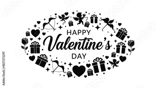 Happy valentine's day oval design with hearts gifts stars and silhouettes