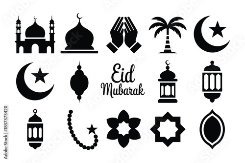Islamic Religious Symbols Icon Set with Mosque, Crescent and Hands Vector