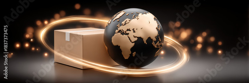 E commerce green globe delivery concept with parcel and glowing rings conveying global shipping