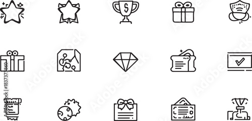 Set of award and gift icons including stars trophies and diamonds trophy present