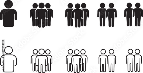 Silhouette Icons of Single Person and Groups of People in Black and Outline Styles crowd