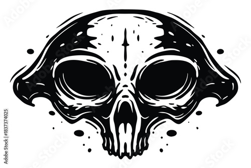 Simple Black Alien Head with Stars, Extraterrestrial Silhouette Isolated on White