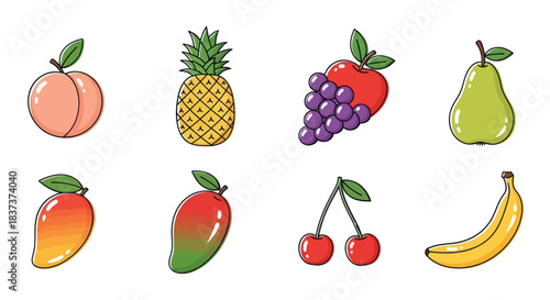 Colorful illustration of various fruits isolated on white background