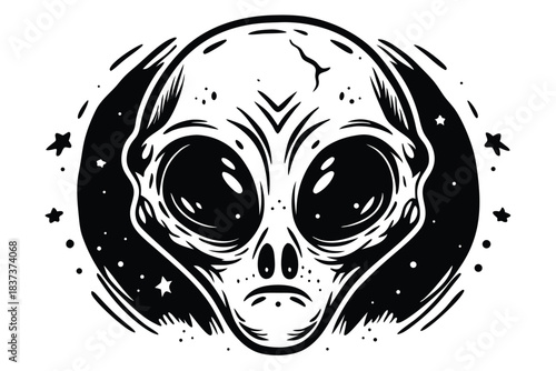 Minimalist Alien Icon. Big Eyes, Small Body and Head. Halloween Design. Black Silhouette