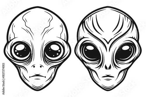 Monochrome Alien Portrait with Large Eyes, Thin Neck, Surrounded by Stars and Dots