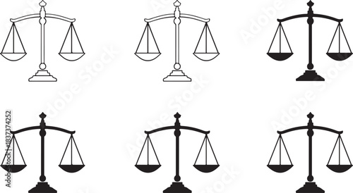 Six Scales of Justice Icons in Black and White Outline and Silhouette Variations legal balance