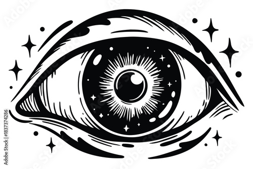 Line Art Style UFO, Cartoon Spaceship with Circular Lights & A Large Central Eye