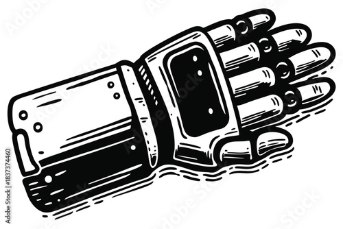 Robotic Hand Open Palm Outline, Futuristic Technology Concept. Black and White Design