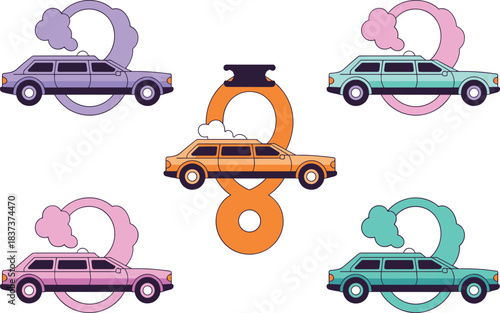 Colorful limo car illustration set, abstract smoke shapes, modern vector design featuring multiple stylized vehicles, creative automotive artwork for branding