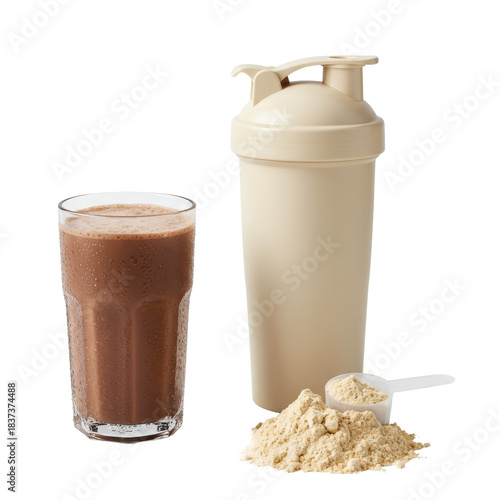 Dark chocolate protein shake and foam in glass, beige minimalist shaker bottle, whey powder, and scoop against a white background. High-key flat lay studio commercial shot concept for fitness
