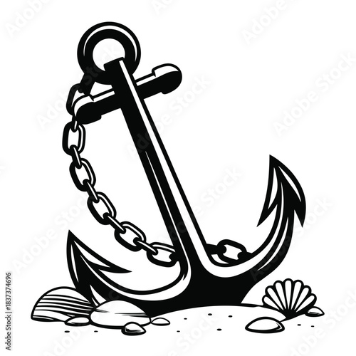 Black And White Anchor with Chain on Sand Beside Seashells