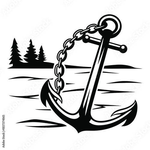 Nautical Anchor with Chain in Sea, Monochrome, with Trees & Sailing Boat Background