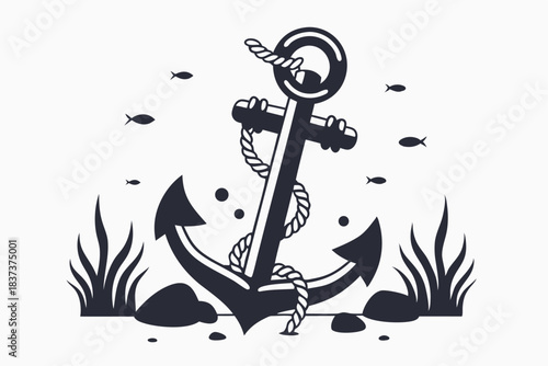 Isolated Black Anchor Wrapped with Rope Amongst Seaweed and Fishes Silhouette Marine Icon