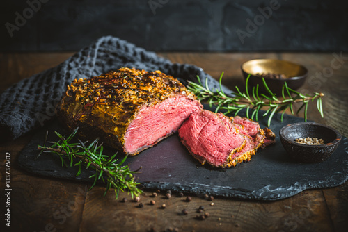 Roast beef with a mustard and herb crust, fresh from the oven, a few slices cut open, on a rustic wooden table