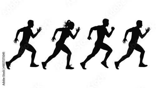 Running man and woman silhouettes. Vector set. Male and female runners figure shapes. Bare and naked slim healthy people work out
