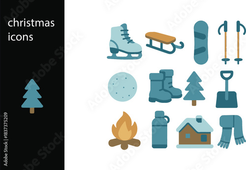 Collection of Christmas icons including winter sports equipment, cozy cabin, warm scarf, and festive tree with campfire for holiday celebrations