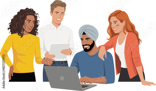 Diverse business team collaborating at desk, multicultural coworkers discussing project, teamwork brainstorming with laptop and documents in modern office illustration