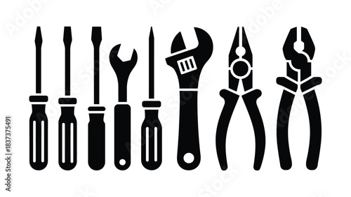 Hand Tools Silhouette Icon Set with Screwdriver Wrench and Pliers