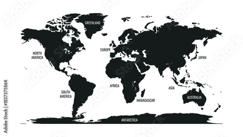 Detailed Black World Map with Country and Continent Labels