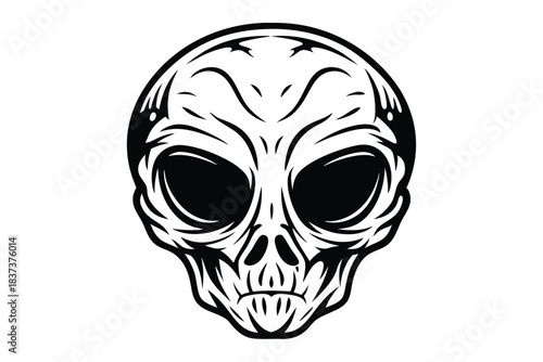 Alien Skull Illustration, Monochrome Skull Art, Black and White Alien Skull Design