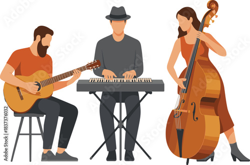 Flat vector illustration of music band performing with guitarist, keyboard player, and double bass musician in modern minimalist concert scene
