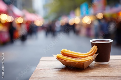 Fresh churros and warm hot chocolate sit on rustic wooden table, lively street fair bokeh lights.