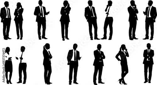 Business professionals in formal attire silhouettes standing in various poses for corporate, teamwork, leadership, communication, and presentation concepts.