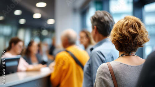 Faceless people at municipal office reception desk public service administration government facility interaction civic service counter administrative assistance process