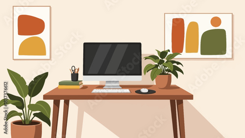 Stylish and functional minimalist home office interior with desktop computer, green plants, and abstract wall decor, promoting a calm and productive remote work environment