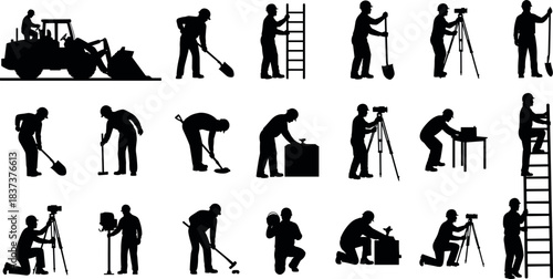 Construction workers silhouettes performing various tasks including surveying, digging, climbing, operating machinery, and using tools on industrial job sites.