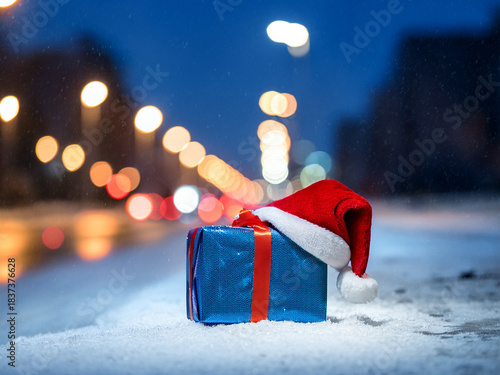 Weihnachtsgeschenk, im Hintergrund eine Winterlandschaft