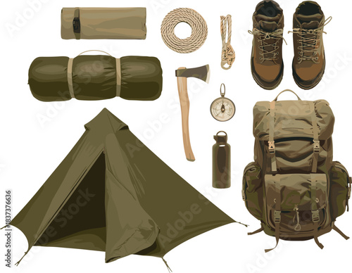 Vintage camping gear flat lay with tent, backpack, boots, axe, rope, compass and essentials for outdoor adventure, hiking and wilderness exploration