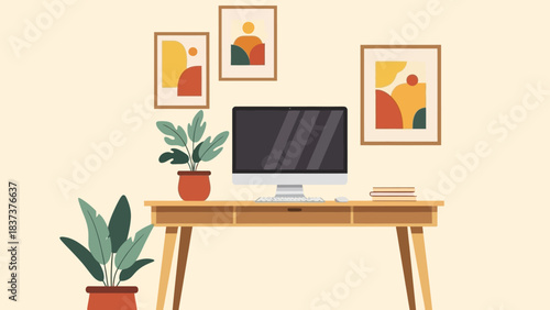 Modern minimalist home office workspace setup featuring a computer monitor, natural potted plants, and aesthetic abstract wall art, fostering a productive and creative environment
