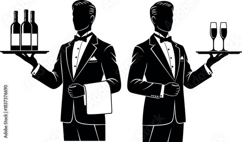 Elegant black and white vector illustration of professional waiters in tuxedos serving wine and champagne at upscale fine dining event.